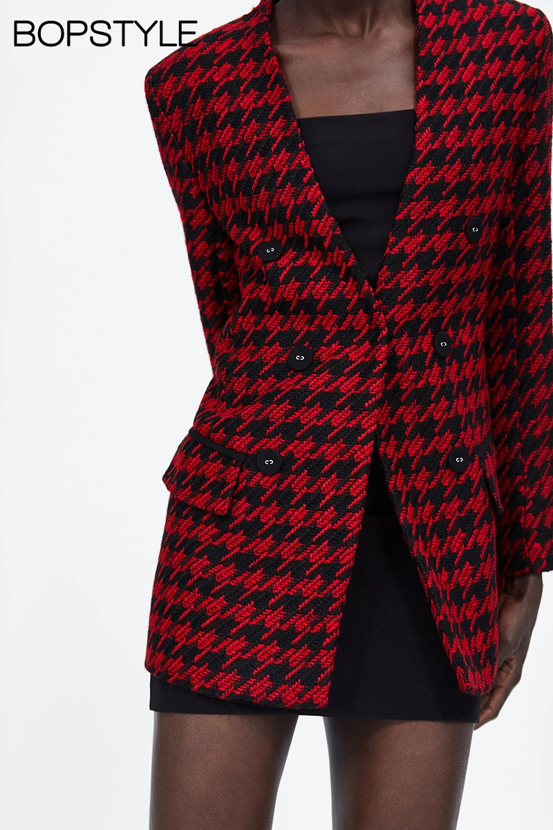

New 2018 Women Red & Black V Neck Double-breasted Long Houndstooth Blazer With Front Pockets - Ladies/Female Long Sleeves Blazer