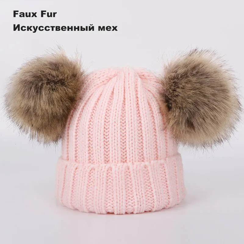 New Two Raccoon Fur pom poms Knit Beanie Hat Solid Color High Quality Winter Hat Boy Girl Thicken Hedging Cap Warm Baby Kids - Цвет: Pink