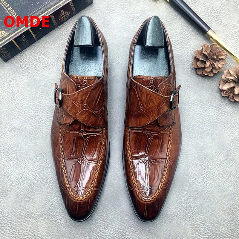 

OMDE New Fashion Genuine Leather Crocodile Pattern Pointed Toe Dress Shoes Men Slip On Monk Strap Wedding Shoes Formal Shoes