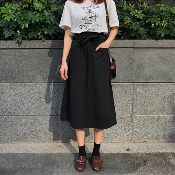 

Women's High Waist Pockets Midi Skirt Spring Summer Female Pleated Skirt Lace Up Skirt
