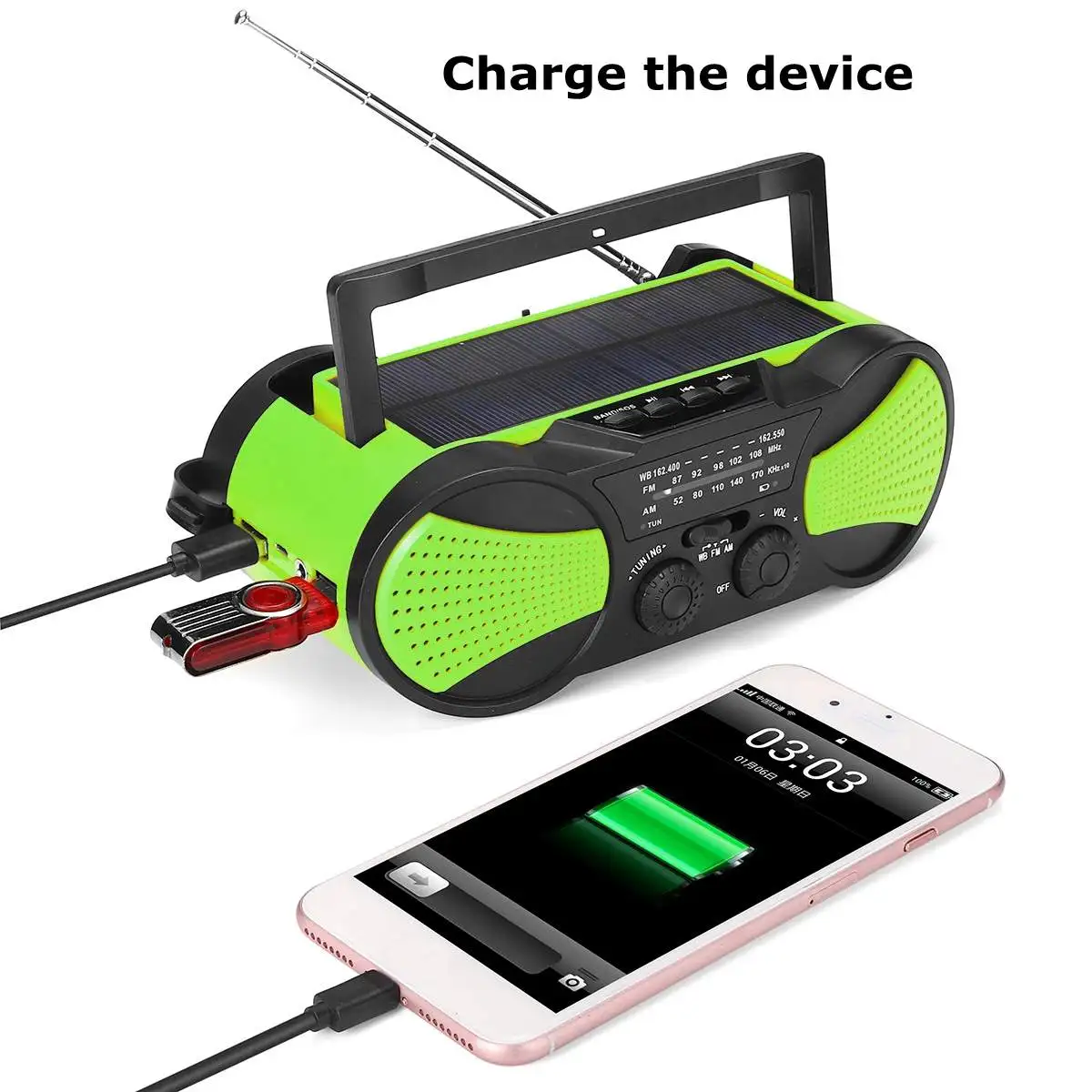 Solar Portable Radio Power WB Crank Emergency Power Bank Hand Crank Self Powered AM/FM Weather 2000mAh Rechargeable