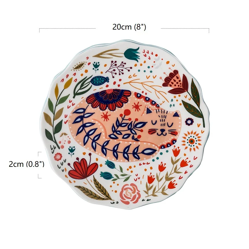 8 дюймовые Керамические обеденные тарелки, японская ручная роспись, мультяшная кошка, креативная красочная Бытовая Посуда, столовая посуда - Цвет: E