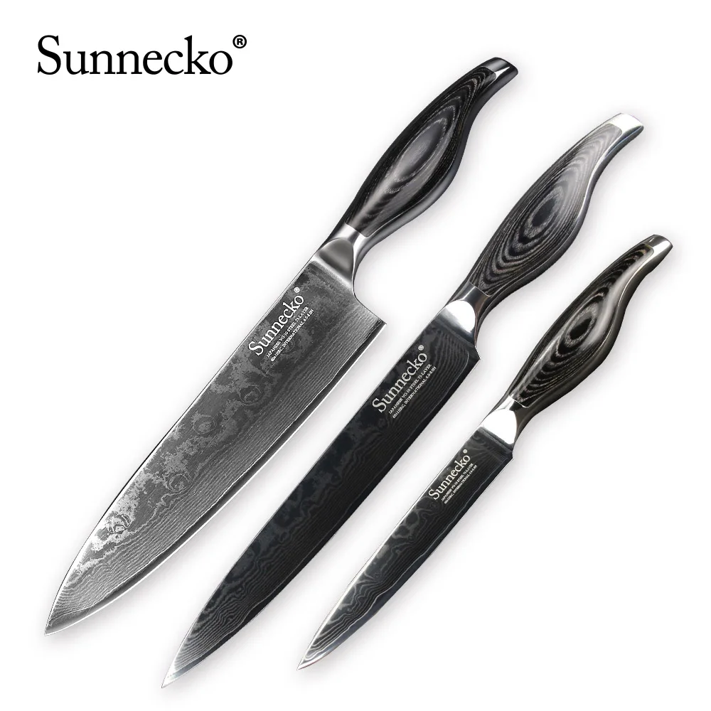 Sunnecko ножи из дамасской стали Комплекты повар шеф-повар мясо Тесак утилита Santoku для очистки овощей нож для нарезания Кухня Ножи набор с деревянными ручками - Цвет: 3pcs Knife Set B