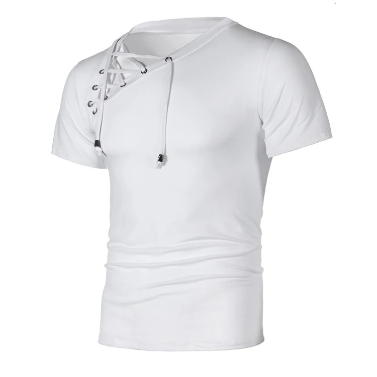 IceLion Новая Летняя мужская футболка на шнурке с коротким рукавом, тонкая футболка для фитнеса, модная повседневная однотонная облегающая Мужская футболка - Цвет: White