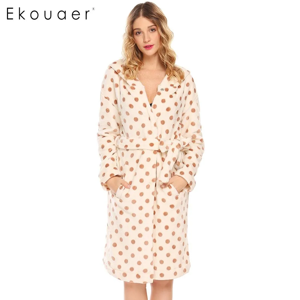 

Ekouaer Women Robe Kimono Sleepwear Long Sleeve Dot Hooded Knee Length Fleece Bathrobe Bridesmaids Belt Female Dressing Gown