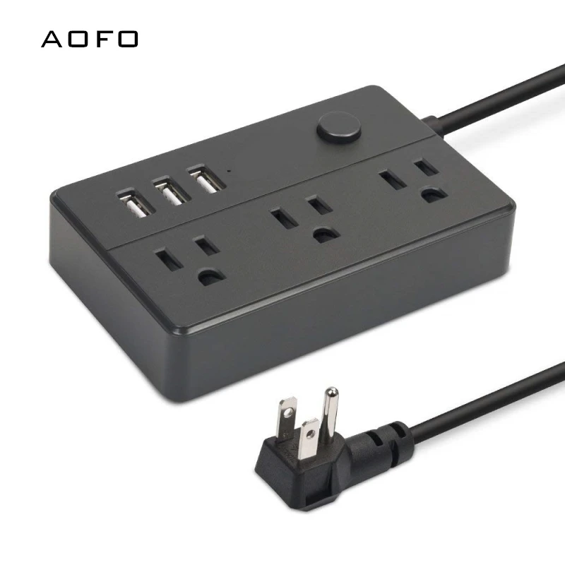 portable power strip with 3 outlet surge protector and 3 USB charging ports for bedside table, desktop, home, office, travel