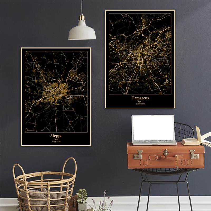 

Aleppo Damascus Syria City Map Black and Gold Map Canvas Art Print Wall Pictures for Living Room No Frame