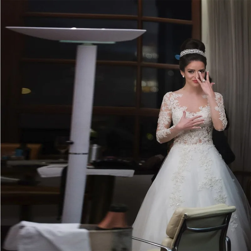 2016-Princess-Fashion-White-Ivory-Lace-Illusion-Beaded-Long-Sleeves-Bride-Dress-Sexy-Back-Ball-Gown
