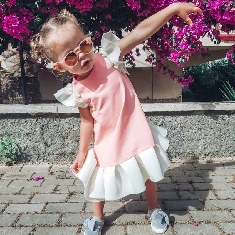 

1-5 years costume kids summer short flutter sleeve pleated ruffle dress for girls