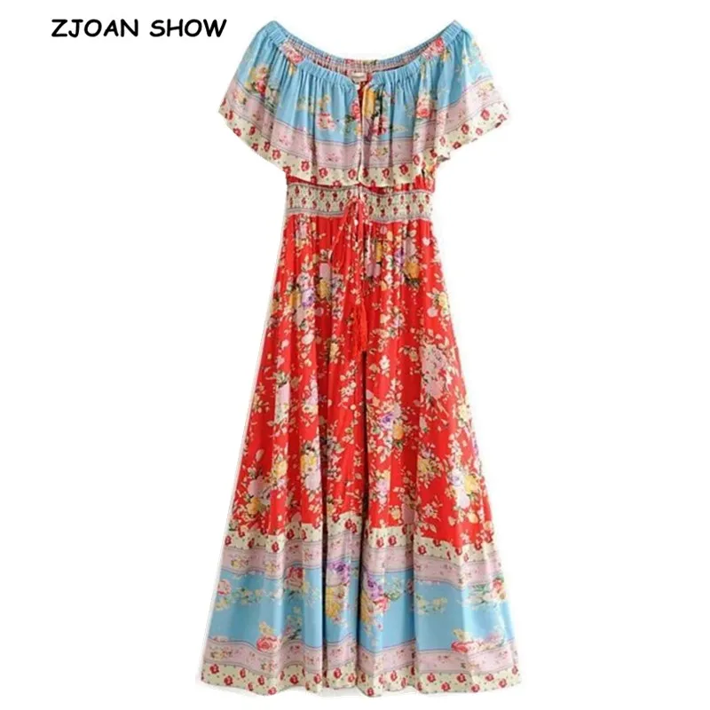 

2019 Holiday Elastic Slash Collar Short sleeve Rose Flower Dress Summer Ethnic Woman Single-breasted Button Long Dresses BOHO
