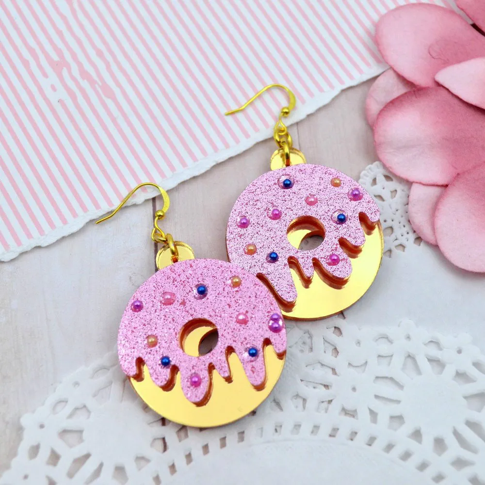 

New Acrylic Geometric Round Pink Cute Donut Creative Earrings for Women Fashion Interesting Food Fruit Pendant Long Earrings