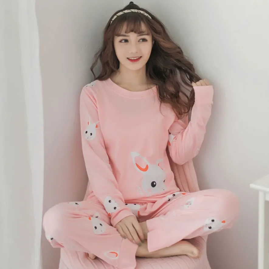 Новые хлопковые Пижамные комплекты для женщин милая девушка Lounge Милая одежда для сна с длинным рукавом Повседневная одежда для сна Большие размеры Female женская пижама - Цвет: hongerduotuzi pink