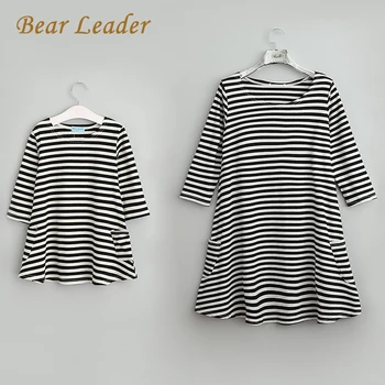 Bear Leader 2017 New Spring&Autumn Style Family Matching Outfits Mother And Daughter Fall Full Balck Striped Dress Free Shipping