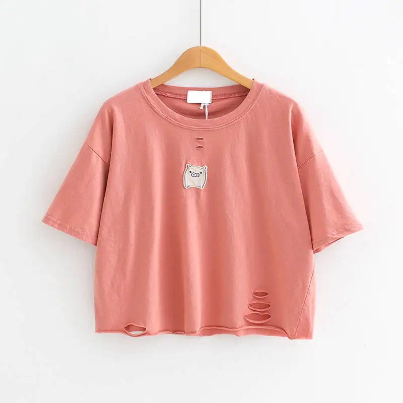 

Small Pig Hollow Short Women'S T-Shirt 5colors For New Summer Female Tops Tee Shirt Femme