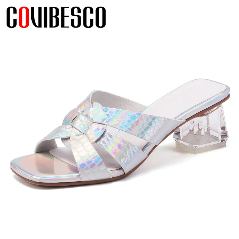 

COVIBESCO Fashion Blingbling Genuine Leather Women Sandals 2019 Summer New Round Toe High Heels Party Casual Rome Shoes Woman