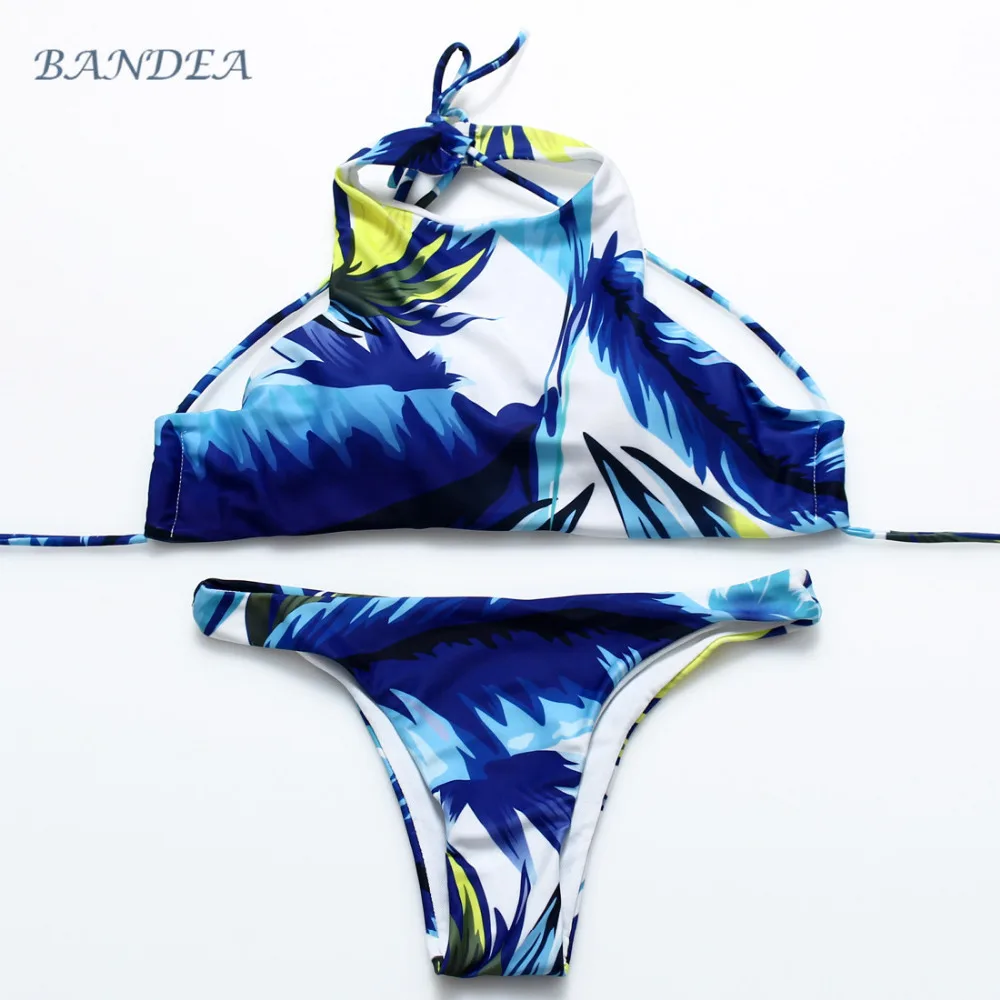 2016 New Arrival Bikini Brazilian Women High Neck Swimwear Floral Print Sexy Cup Padded Swimsuit Bikinis