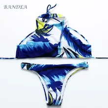 2016 New Arrival Bikini Brazilian Women High Neck Swimwear Floral Print Sexy Cup Padded Swimsuit Bikinis