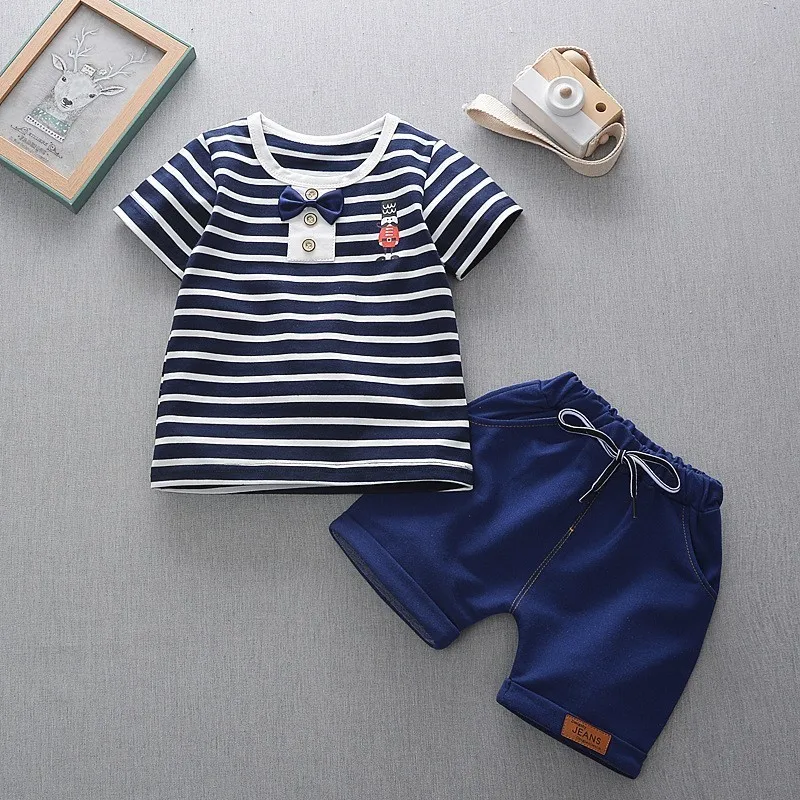 Детская одежда для мальчиков и девочек; спортивная одежда; Летние цветные толстовки с капюшоном для малышей; шорты; комплект из 2 предметов; детская одежда; хлопковый трексутис для малышей - Цвет: navy stripe set