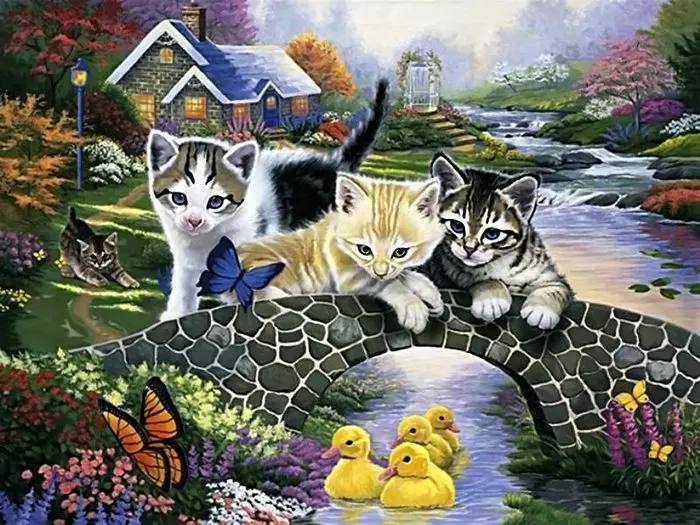 Round 5D DIY Diamond Painting Mosaic cats Picture Of Rhinestone Cross Stitch Home Decor Embroidery scenery house | Дом и сад