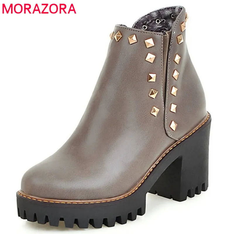 

MORAZORA 2020 size 33-43 round toe winter platform boots fashion rivet zip ankle boots for women short plush high heels shoes