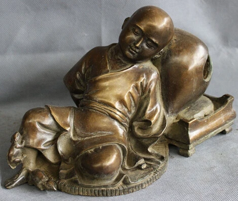 

0 10" Chinese Bronze Buddhist Pray Sleep Monk Buddha On Bless Fish Blowing Statue