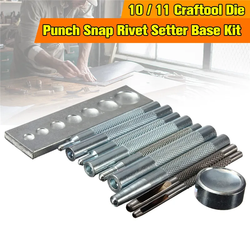 

11Pcs/set Metal Craftool Die Punch Snap Rivet Tool Setter Base Set DIY Leathercraft Kit For punch hole and install Rivet Button