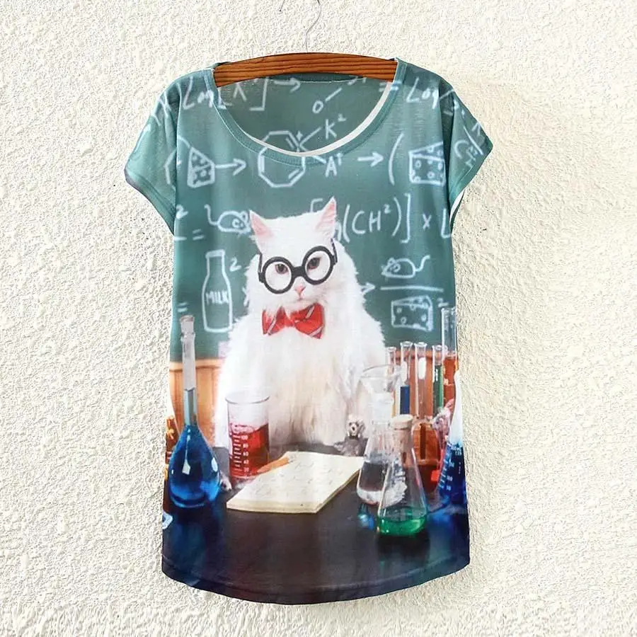 

2015 novelty Cat teacher pattern t-shirt girls summer tee fashion printed tshirt female top tees wholesale drop shipping