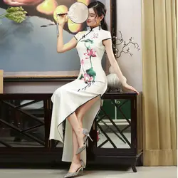 Элегантный Лотос классический для женщин Китайский вечернее платье пикантные Длинные Cheongsam с цветочным принтом Qipao современный Восточный