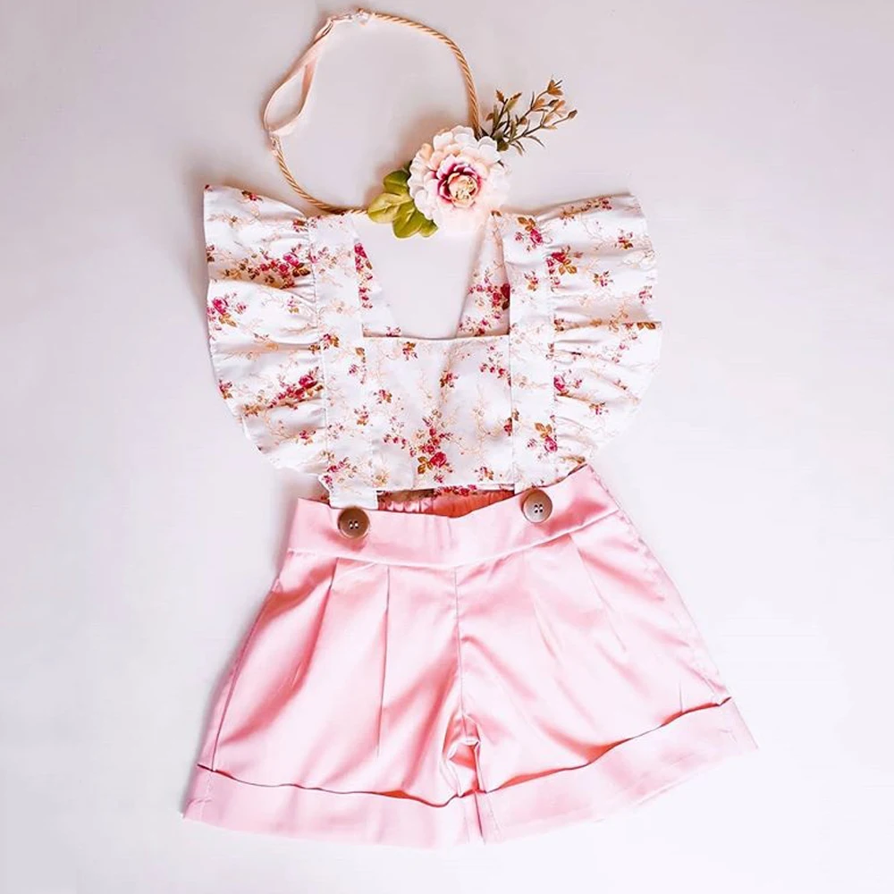

2019 New AU Toddler Sweet Baby Girl Pink Fashion Cotton Floral Ruffles Bib Pants Romper Jumpsuit Overalls Outfits Sunsuit
