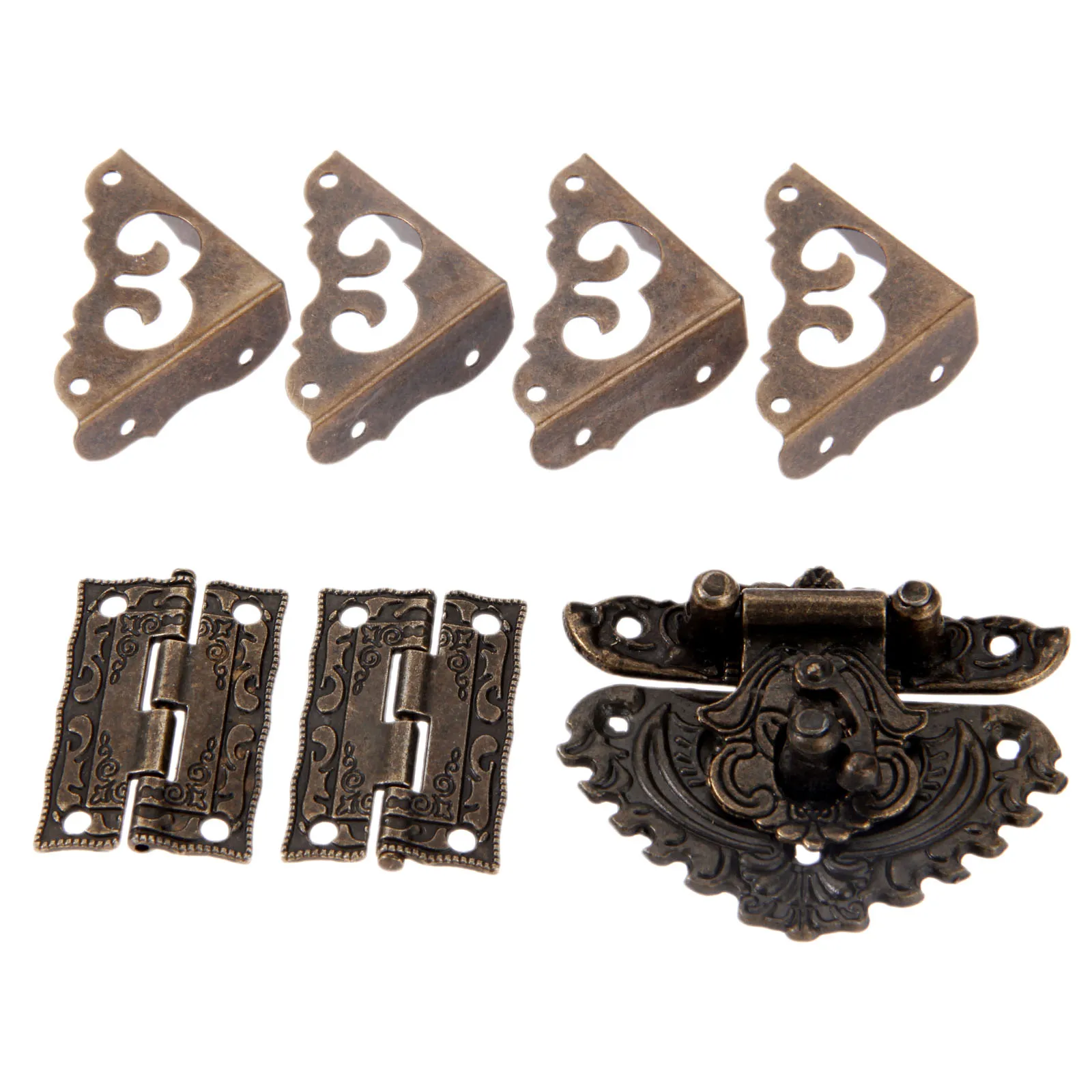 DRELD Antique Box Latch Hasp Toggle Buckle + 2Pcs Cabinet Hinges +4Pcs Corner Decorative Protectors for Jewelry Wooden |