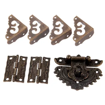 

DRELD Antique Box Latch Hasp Toggle Buckle + 2Pcs Cabinet Hinges +4Pcs Corner Decorative Protectors for Jewelry Wooden Box