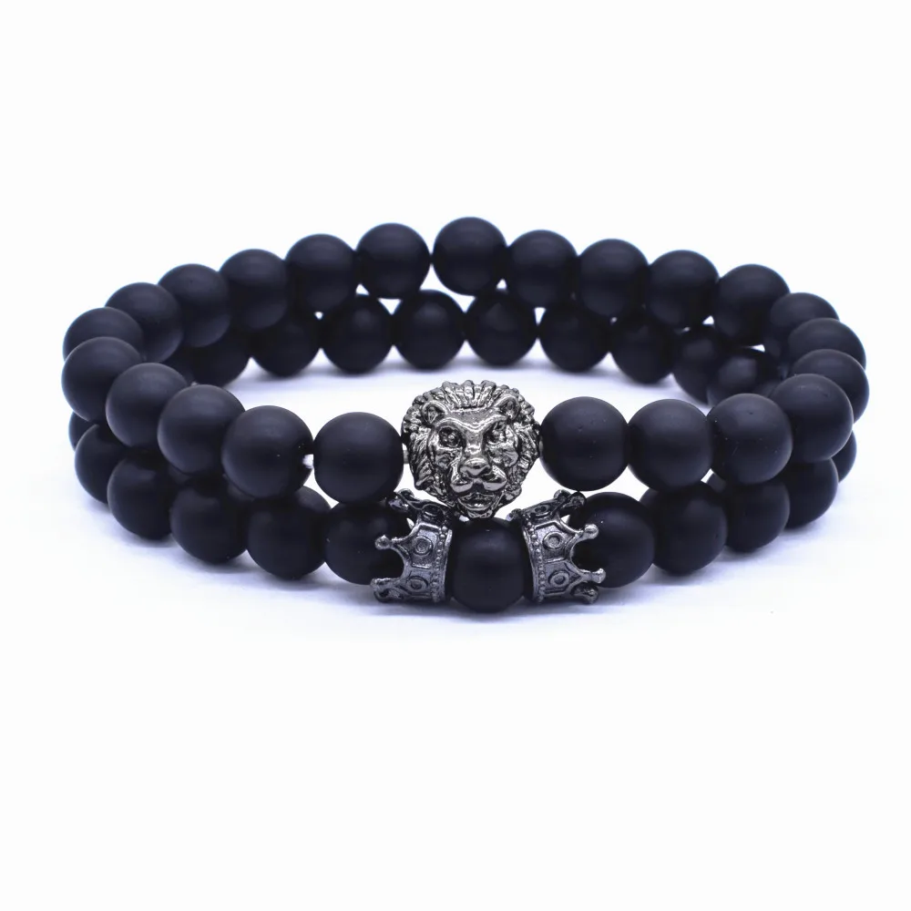 2 Pcs / Set Vintage Lion Head and Crown Charm Bracelet 8mm Natural Lava Stone Beads Bracelet Men 2019 Fashion Jewelry