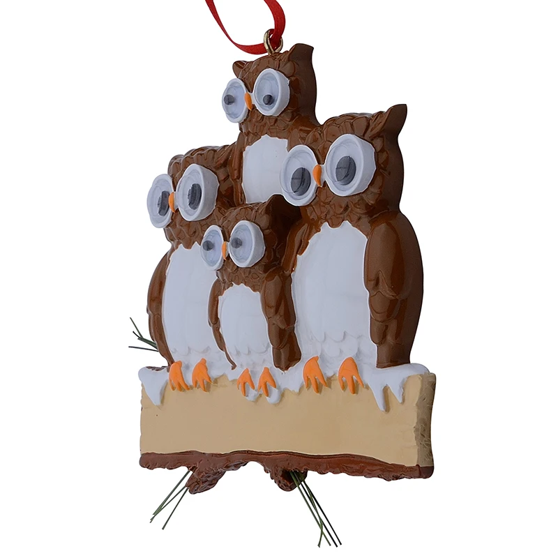 Maxora Brown Yellow Owl Family Of 4 Resin Glossy Personalized Christmas Tree Ornaments PR279-4