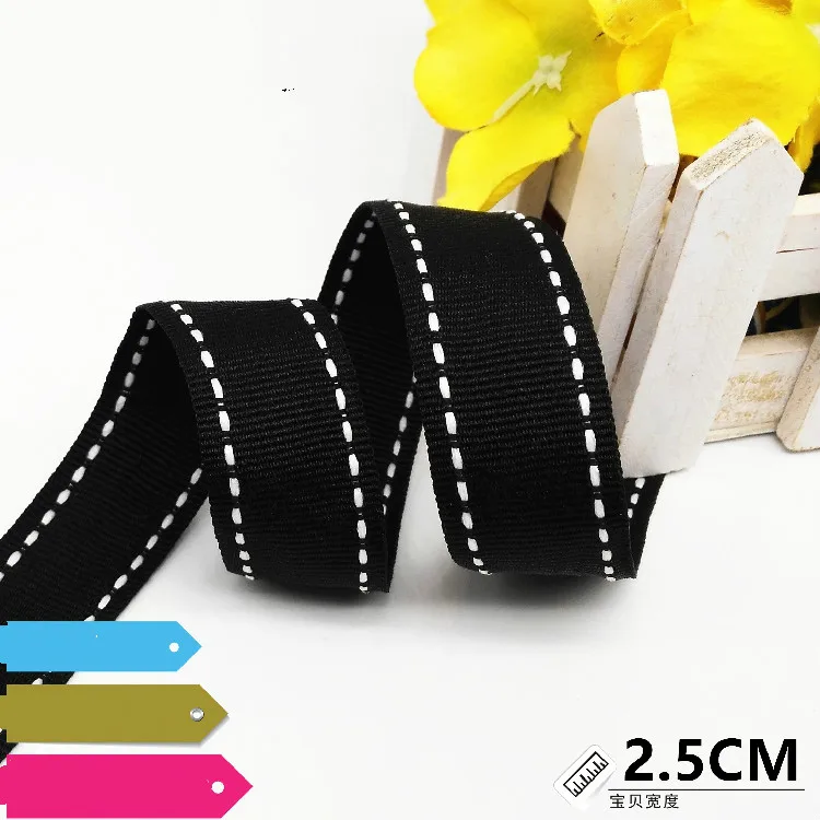 

Hot 2.5CM Black Bottom White Jump line Grosgrain Ribbon Belt DIY Handmade Sewing clothes Supplementary material (1meter/lot )