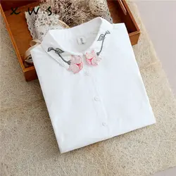Женская блузка с длинным рукавом и цветочной вышивкой, белая кошка, Женская Повседневная рубашка, топы, большие размеры, блузка 2019