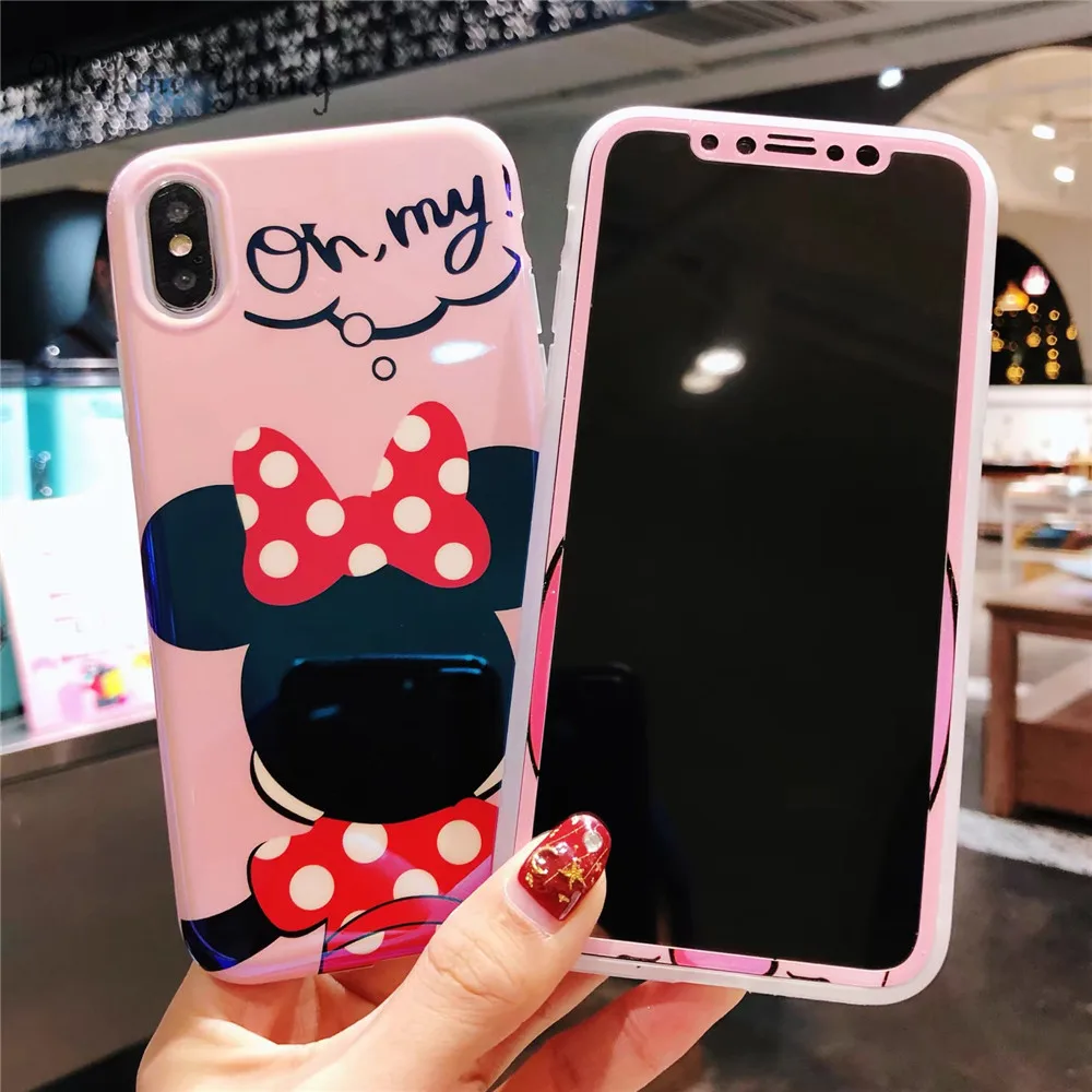 

(1pc) For iphone X 8 plus Cartoon Minnie phone Case Cover + Tempered Glass Screen Protector Case for iPhone 6 6s Plus 7 plus