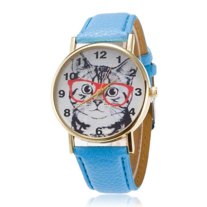 Fashion Womens Ladies Dial Watch Cute Lovely Cat Pattern Casual Faux Leather Band Quartz Analog Dress Students Wrist Watch Clock