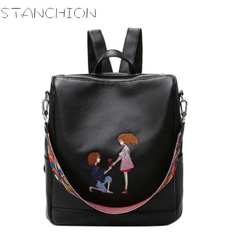 STANCHION PU Leather Backpack for Women Beautiful Bmbroidery Large Capacity Multi purpose Travel Shoulder Bag