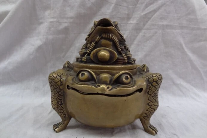 

song voge gem S3578 China Bronze YuanBao Money Coin 3 Gilt Toad Hoptoad Statue Incense Burner Censer