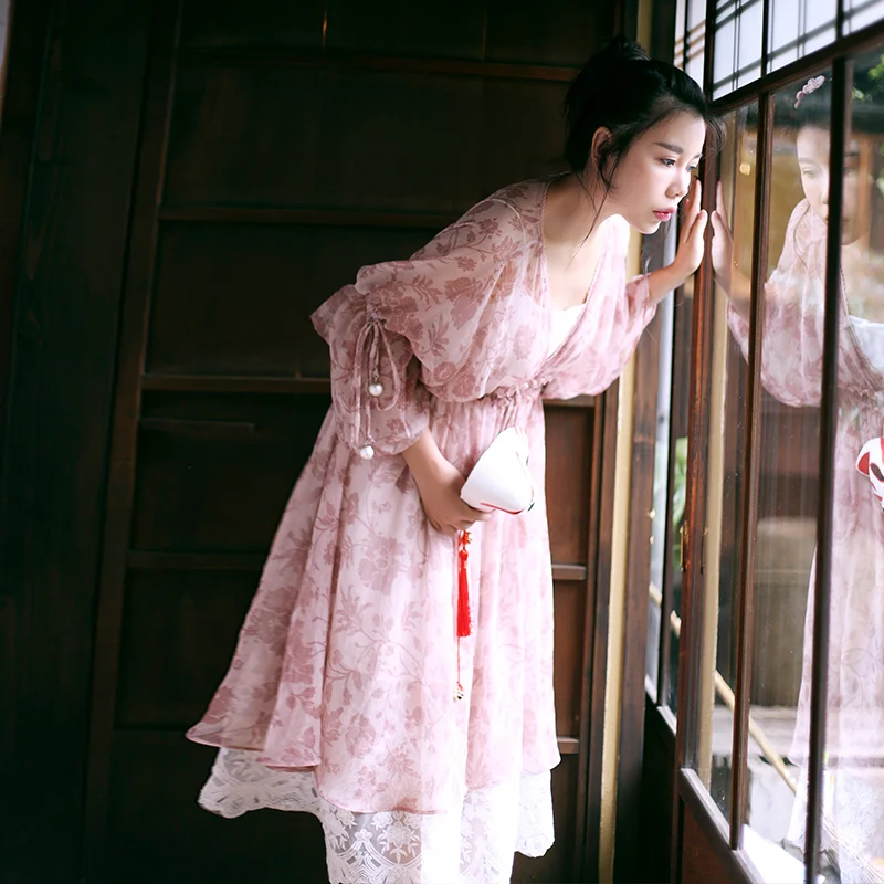 

Women Spring Summer MAIXU Vintage Elegant Casual Loose V-Neck Lantern Sleeve Embroidery Lace Chiffon Long Two Piece Suit Dress