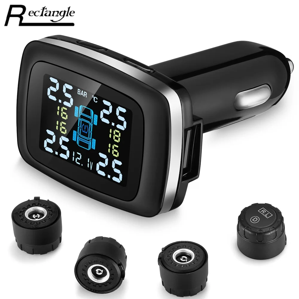Rectangle C100 Car TPMS Cigarette Lighter Plug LCD Display Waterproof 4 External Sensors Auto Tyre Pressure Monitoring System | Автомобили