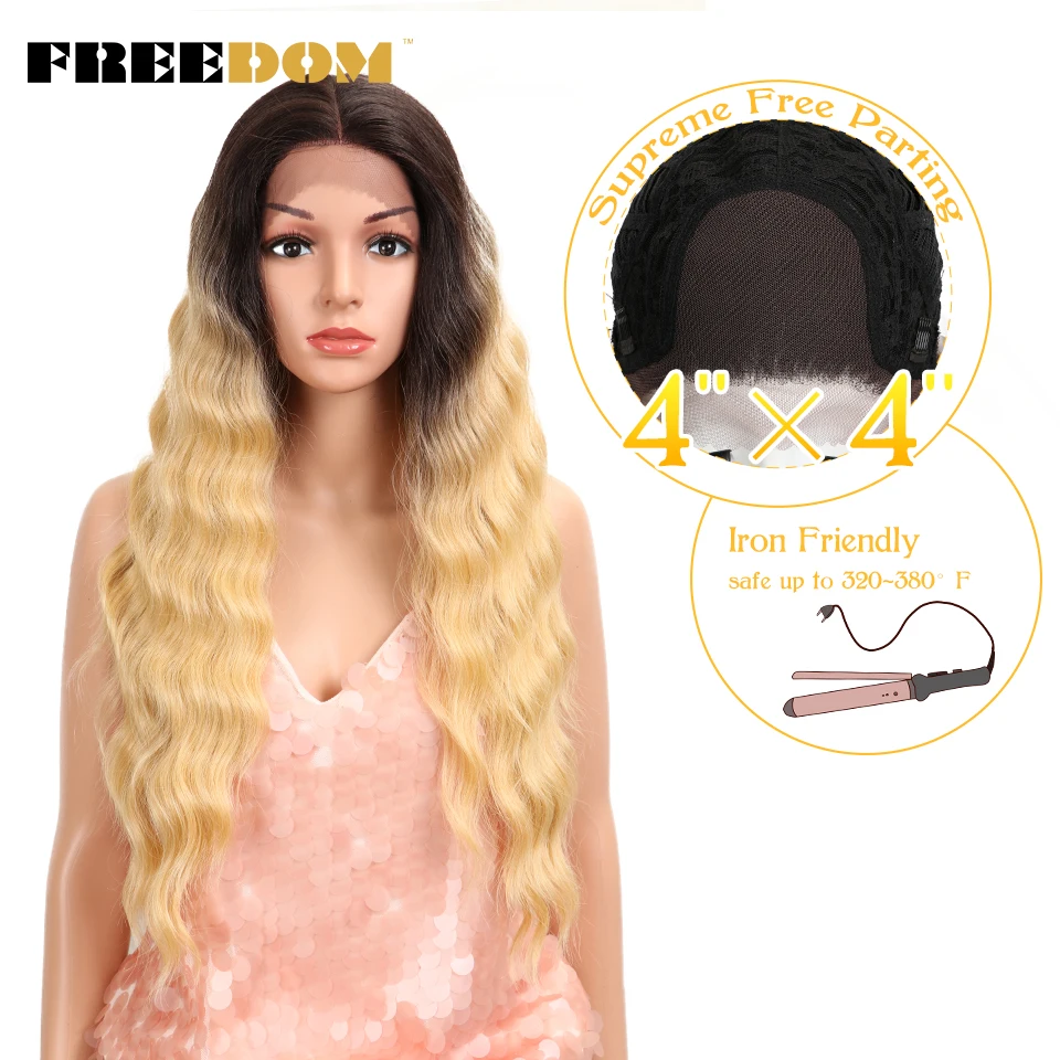 

FREEDOM Synthetic Lace Front Wig 4*4 inch Lace frontal 28 Inch Deep Wave Blond Wig beauty Fashion Wig American Hot Sale Fantezi