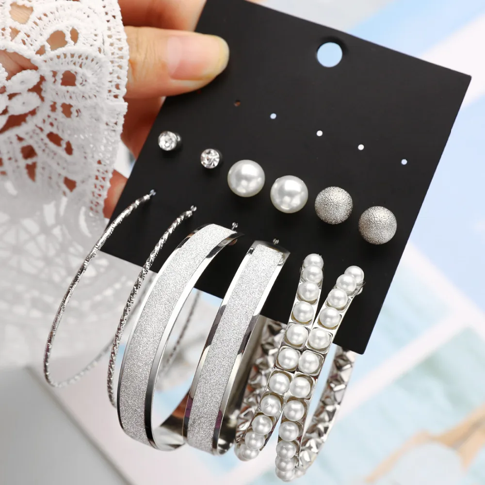 

New Style Rhinestone Stud Earring Set For Women Hot-selling Cute Mixed Imitation Pearl Earring Sets 6 Pairs Gold Silver Earrings