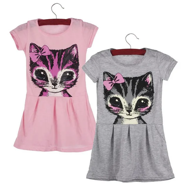 2PCS Colors Girls Kids Summer Dress Cotton Short Sleeve Cute Cat Print