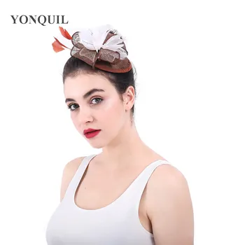 

brown sinamay base fascinators with Simulation flower core wedding feather hair accessories red cocktail hats New arrival SYF359