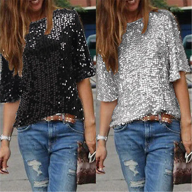 

Ladies Off -Shoulder Sexy Slim Loose Shirt Top Glistening Sequin T -Shirt Tshirts Tees Boutique