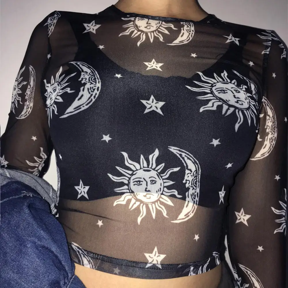 2019 شبكة شفافة أعلى المحملات الإناث طويلة الأكمام المحاصيل القمر ستار طباعة القمصان Camiseta الساخن بيع النساء تي شيرت 2019 شبكة شفافة أعلى المحملات الإناث طويلة الأكمام المحاصيل القمر ستار طباعة القمصان Camiseta الساخن بيع النساء تي شيرت