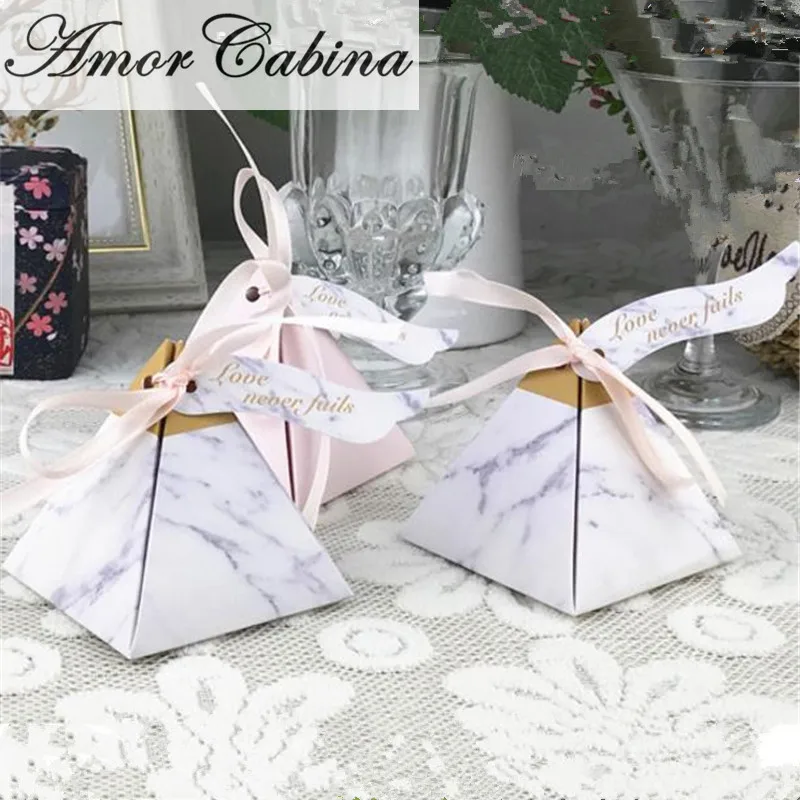 

50pcs European marble style double-sided printed pyramid candy box wedding like party supplies gift chocolate box