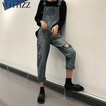 WITHZZ весна осень высокая посадка, ремень брюки карман отверстие деним женский комбинезон измельченные джинсы комбинезон Женский Уличная