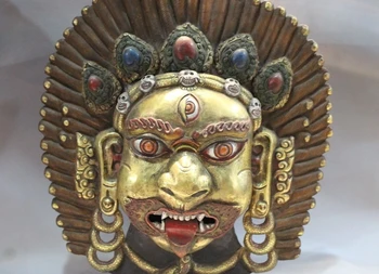 

18" China Tibet Buddhism Temple Old Bronze Gilt Mahakala Head Mask Statue